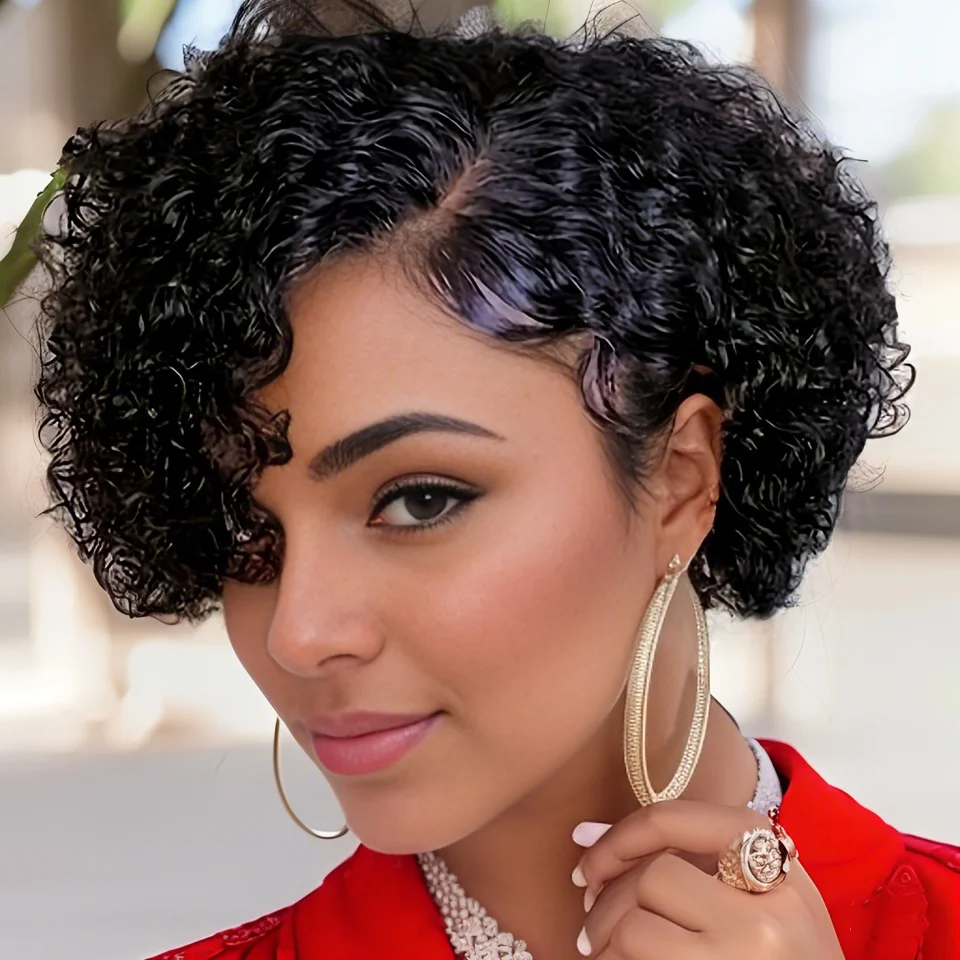 

13x1 Lace Front Short Pixie Cut Deep Curly 6inch 100% Human Hair Wigs for Women Natural Hairline Wig