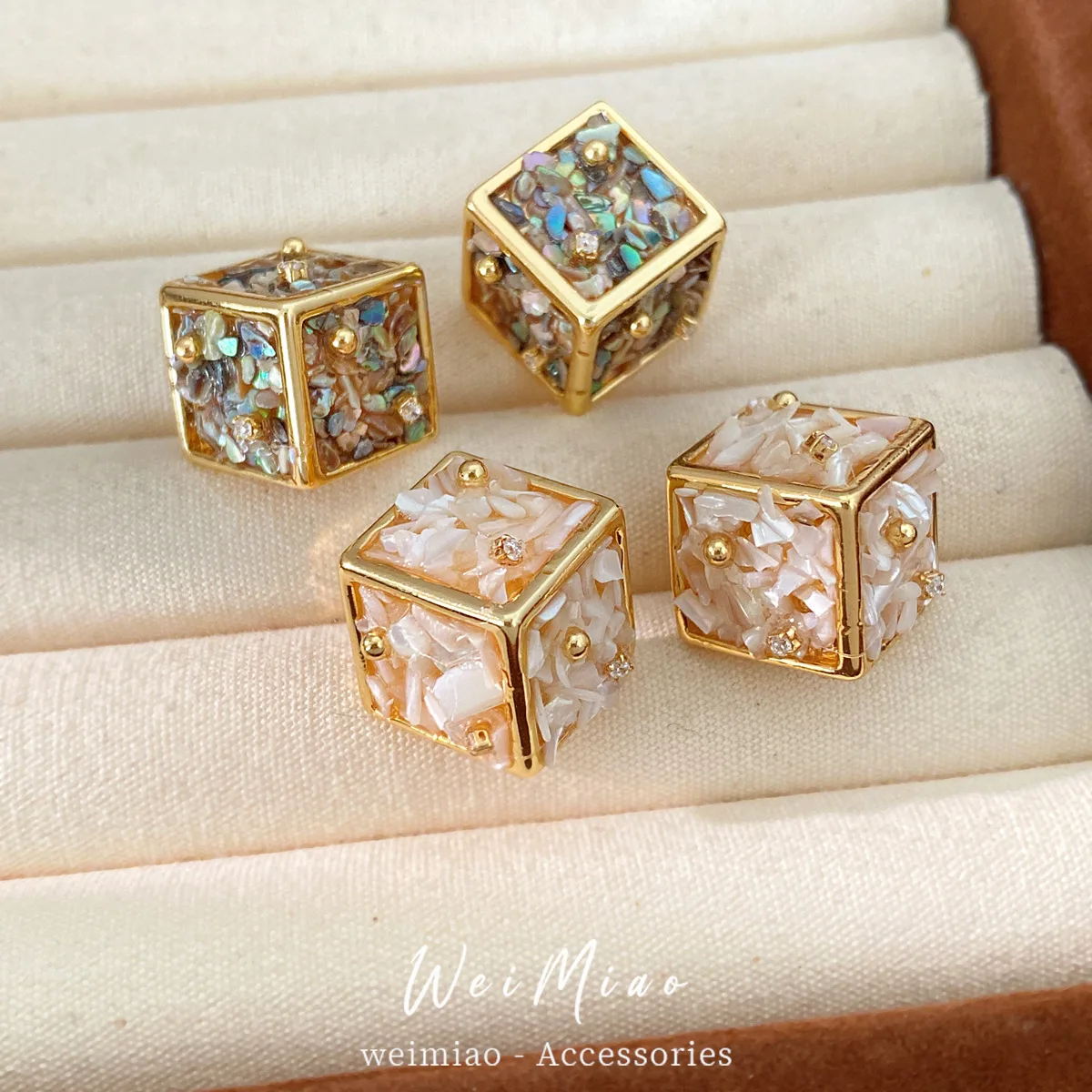 3D Geometric Cube Stud Earrings Colorful Natural Shell Mosaic Inlay Gold Frame Ear Studs Unique Artistic Women Jewelry