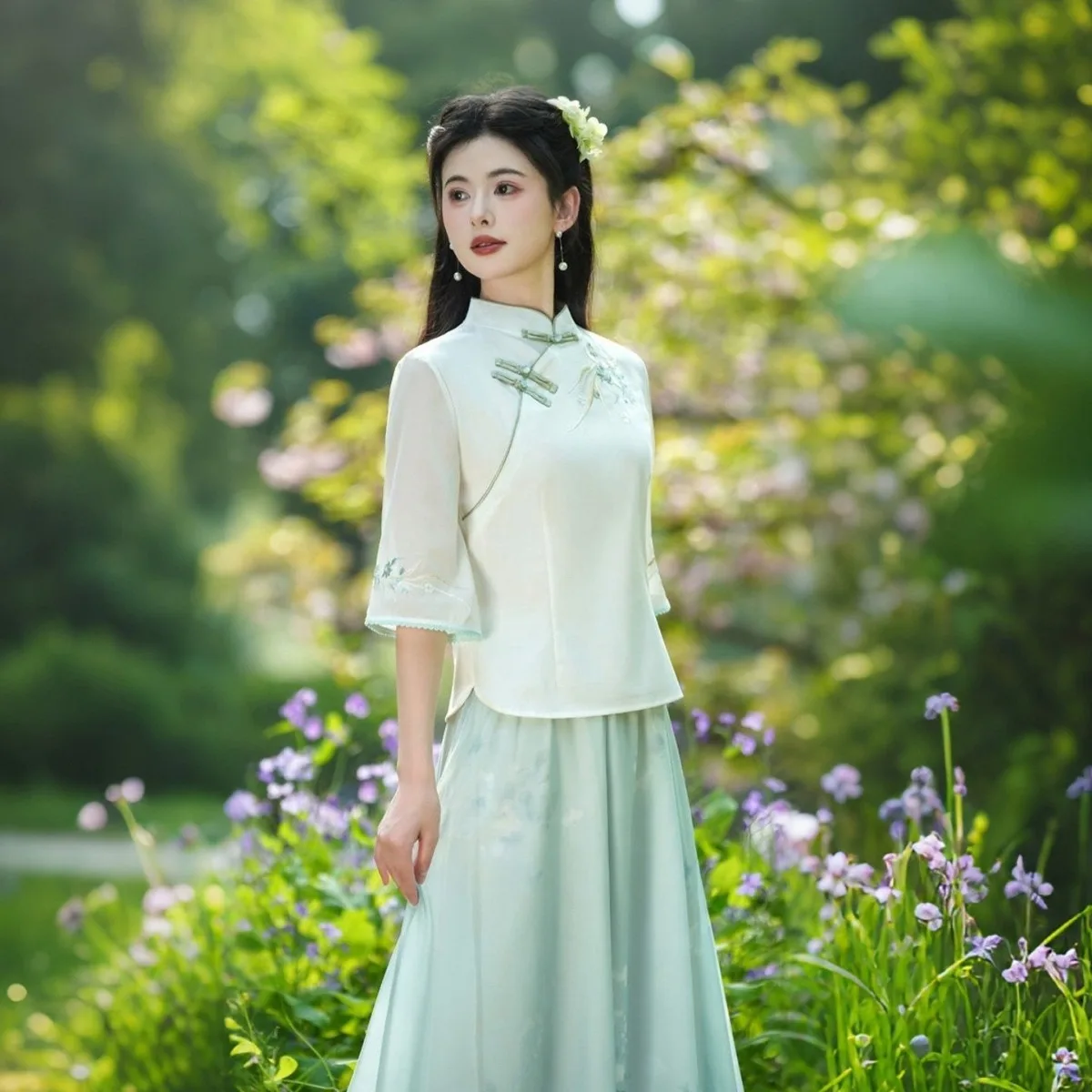 Elegant Hanfu Suit, Chinese Stand Collar Embroidered Blouse, Soft Midi Skirt Chinese Women Costume Female Simple Outfit