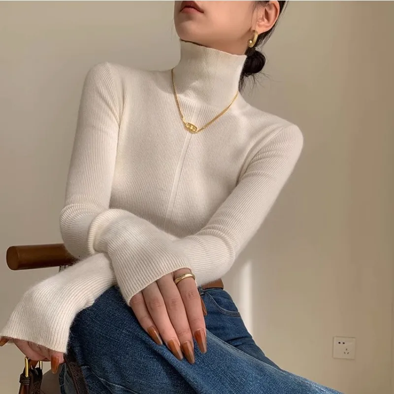 

White High Neck Sweater Women'S Autumn And Winter New Slim Fit And Slim Bottom Knit Versatile Top