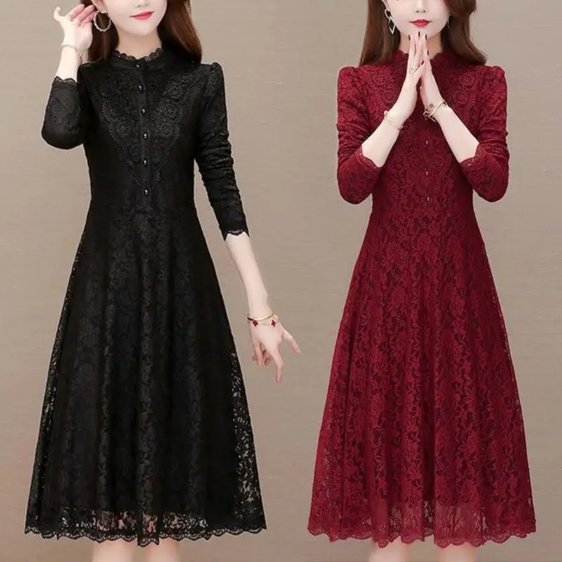 2023 Winter Women's New Fashion Half High Neck Lace Bubble Sleeves Solid Color Thickened Dress Fashion Casual Versatile Dress