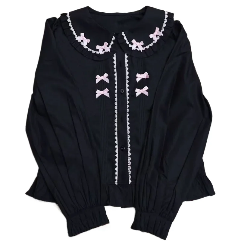 Deeptown Kawaii Lolita Black Blouses Women Japanese Style Bow Babydoll Tops Vintage Cutecore Preppy Style Sweet White Shirts