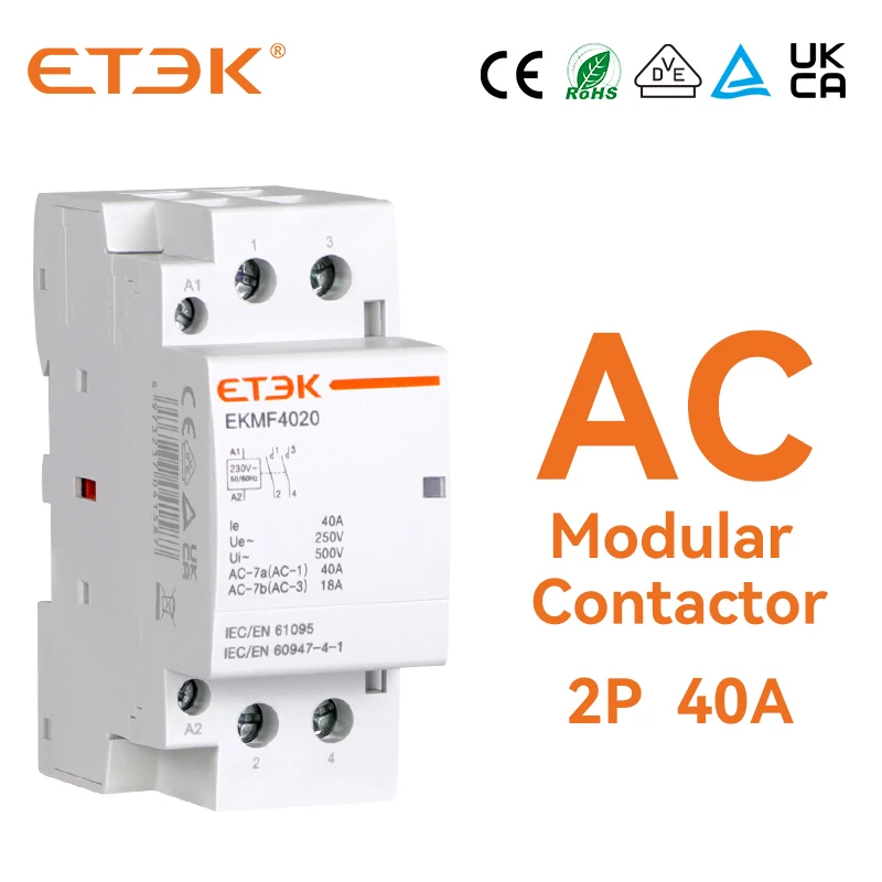 ETEK Household AC Modular Contactor 220v Single Phase 2P 40A 2NO Coil Din Rail Type EKMF-4020-230