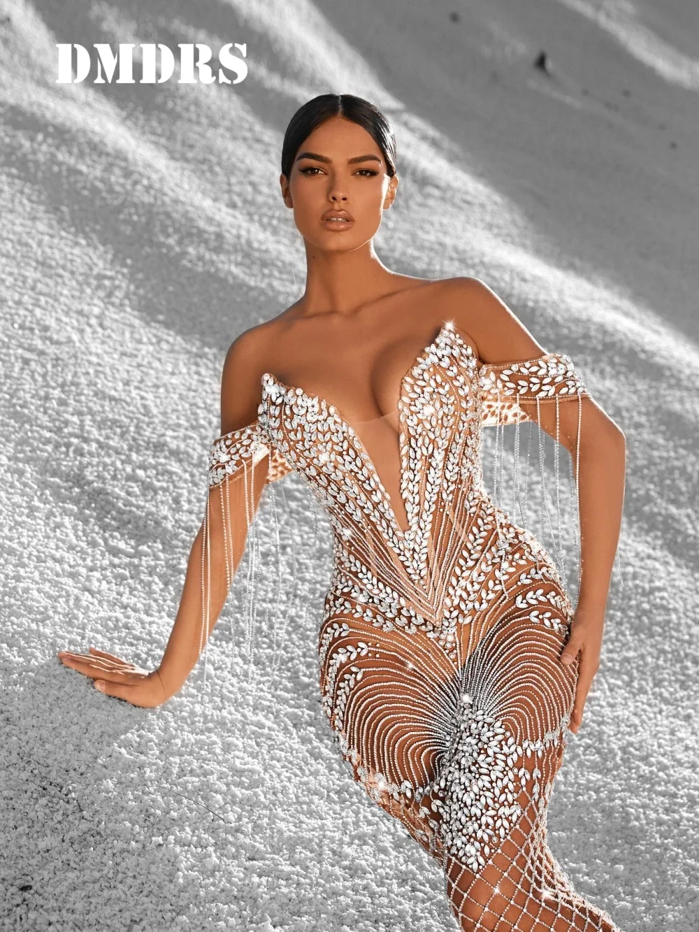 

Charming Off-Shoulder Evening Dress Elegant Fringed Beaded Party Gown Romantic Crystal A-line Floor Length Party فساتين سهر