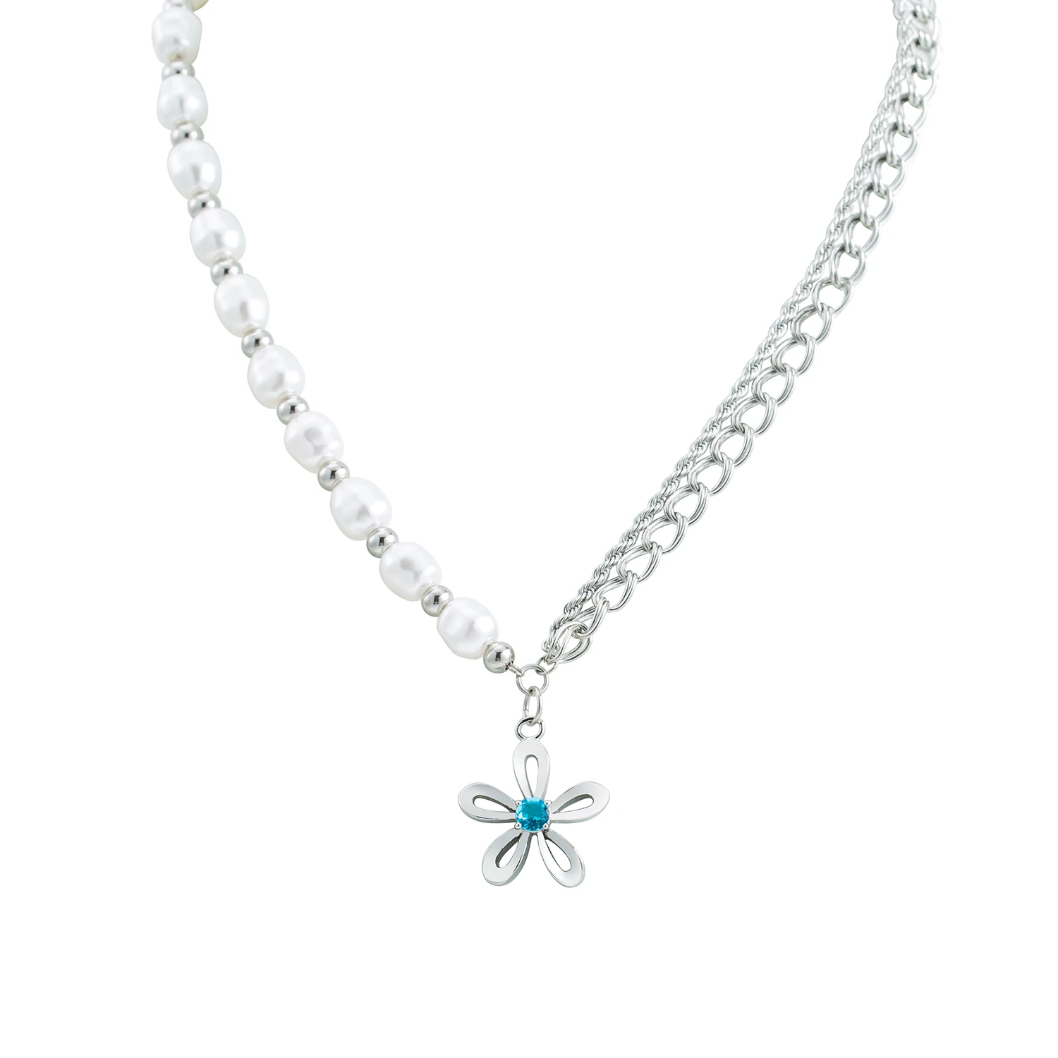 Elegant Temperament Fashion Clavicle Chain Stainless Steel Splicing Pearl Blue Zircon Flower Necklaces For Present