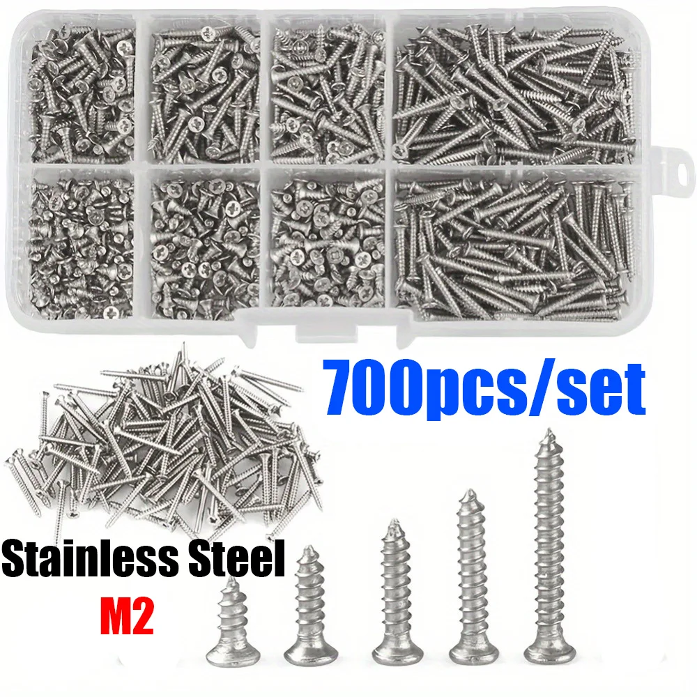 700 Miniature Stainless Steel Self-Tapping Screws M2, Self-Locking Wood Screw Kit, Suitable for Fastening Wood and Metal