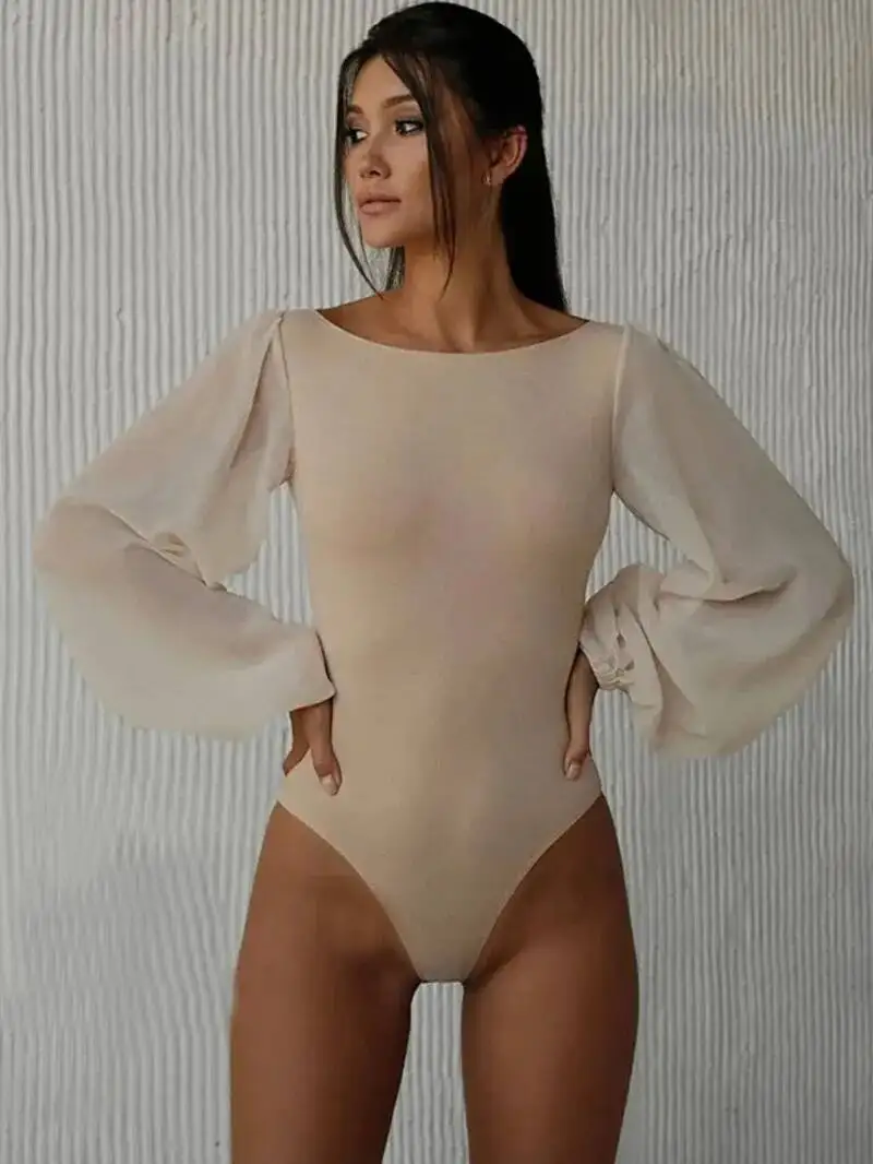 Sexy Bodysuit Women Black White Khaki Bodycon Long Sleeve One Pieces Mesh Bodysuits Jumpsuit Tops Body Suit Y2K O NECK PWE7 view 6