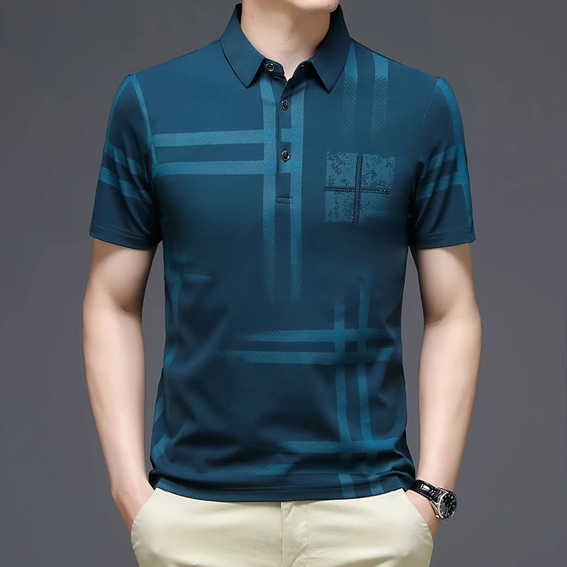 

2022 Summer Graphic T Shirts Men Short Sleeve Turn Down Color Plaid Slim Fit Top Tess for Man Korean Style Clothing