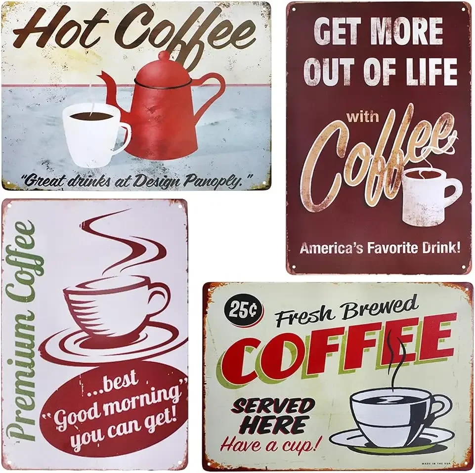 

4 PCS Coffee Tin Sign Vintage Metal Tin Painting Signs Plaque Poster, TIE-DailyNec Retro Home Wall Decor for Kitchen Cafe Bar