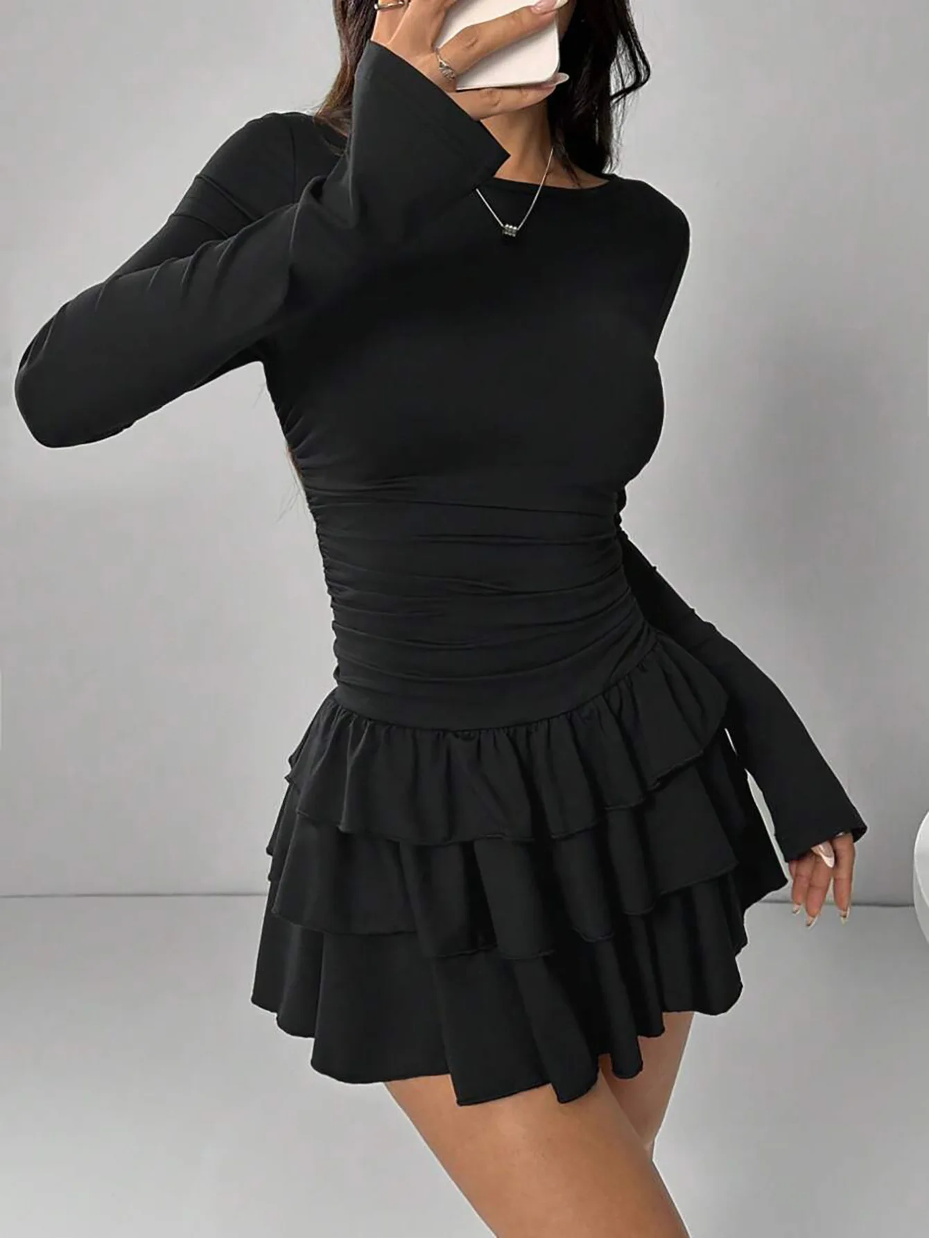 女性用ミニローブ、カスケードフリル付き、無地、スリム、エレガント、フレアスリーブ、ハイウエスト、セクシー、パーティードレス、M