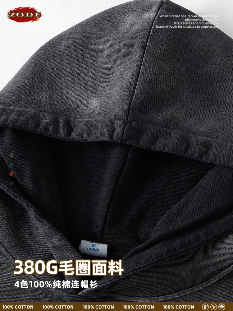 ZODF 2024 Spring Autumn Washed 380gsm Hoodies For Men Unisex Retro 100% Cotton Loose Hooded Pullovers Streetwears HY0782