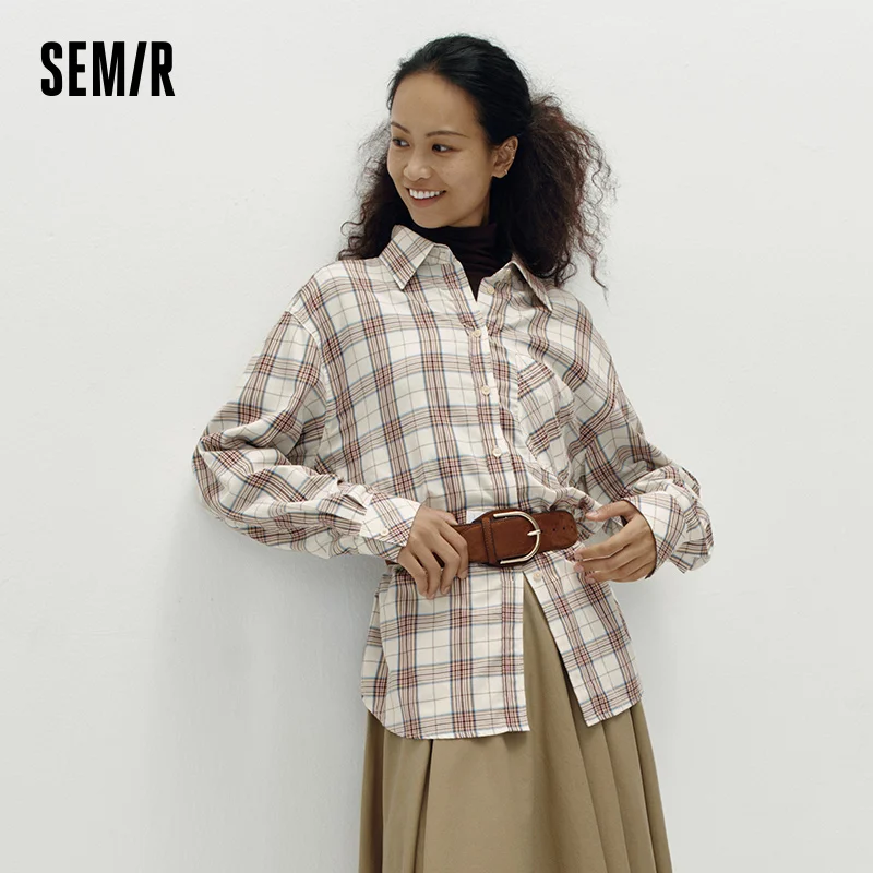 Semir Women Shirt Plaid Long Sleeve Mid Length Loose Dropped Shoulder Retro Campus Style Autumn Blouse Daily Wear 2026