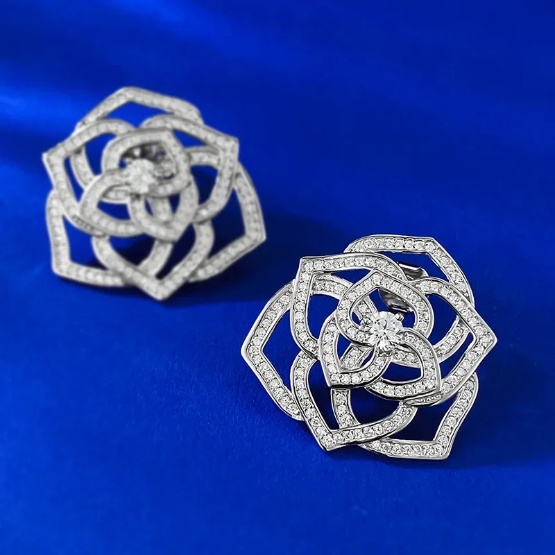 Rose Small Fragrant Wind Mountain Camellia Earrings s925 Silver Full Diamond Celebrity Light Luxury 