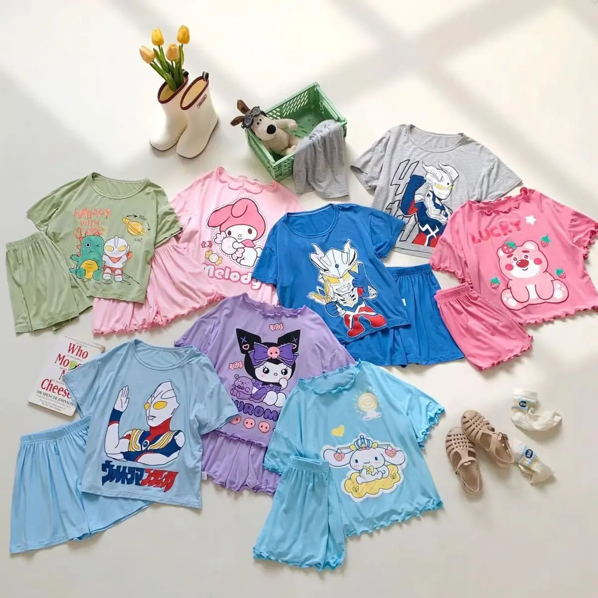 Sanrio Kuromi feminino Short Sleeve Shorts terno, Pijama dos desenhos animados, Homewear, roupa de criança, minha melodia, Cinnamoroll, primavera, verão