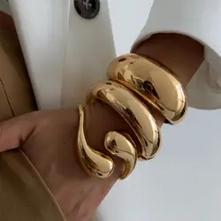 SHIXIN Elegant Gold Color Smooth Water Drop Spring Bangles for Women Retro Geometric Round Open Cuff Bracelet Cool Jewelry Gift