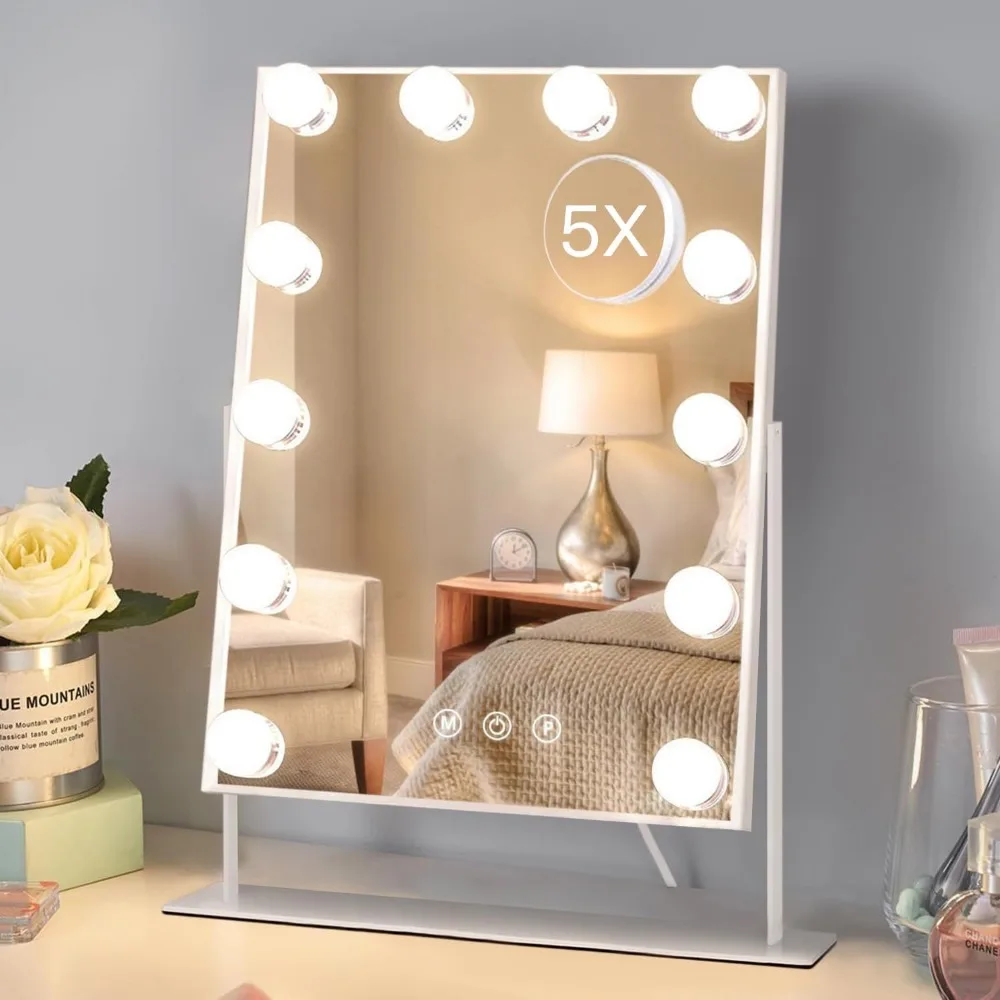 Miroir de courtoisie avec 12 ampoules à intensité variable, 3 modes de couleur, grossissement 5X, commande tactile intelligente et 360 °   Rotation dans une boîte cadeau blanche
