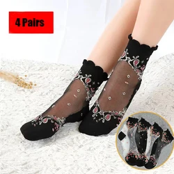 4 Pairs/Set Women Sexy Ruffled Vintage Thin Long Glass Socks Sweet Glass Fiber Transparent Ins Style Black Lace Socks
