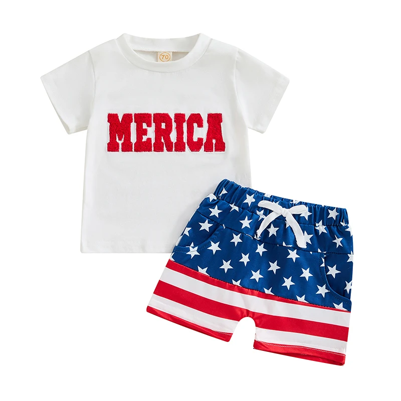 

Toddler Boys 4th of July Shorts Sets Short Sleeve Letter Embroidery Tops Star Stripe Print Shorts Sets