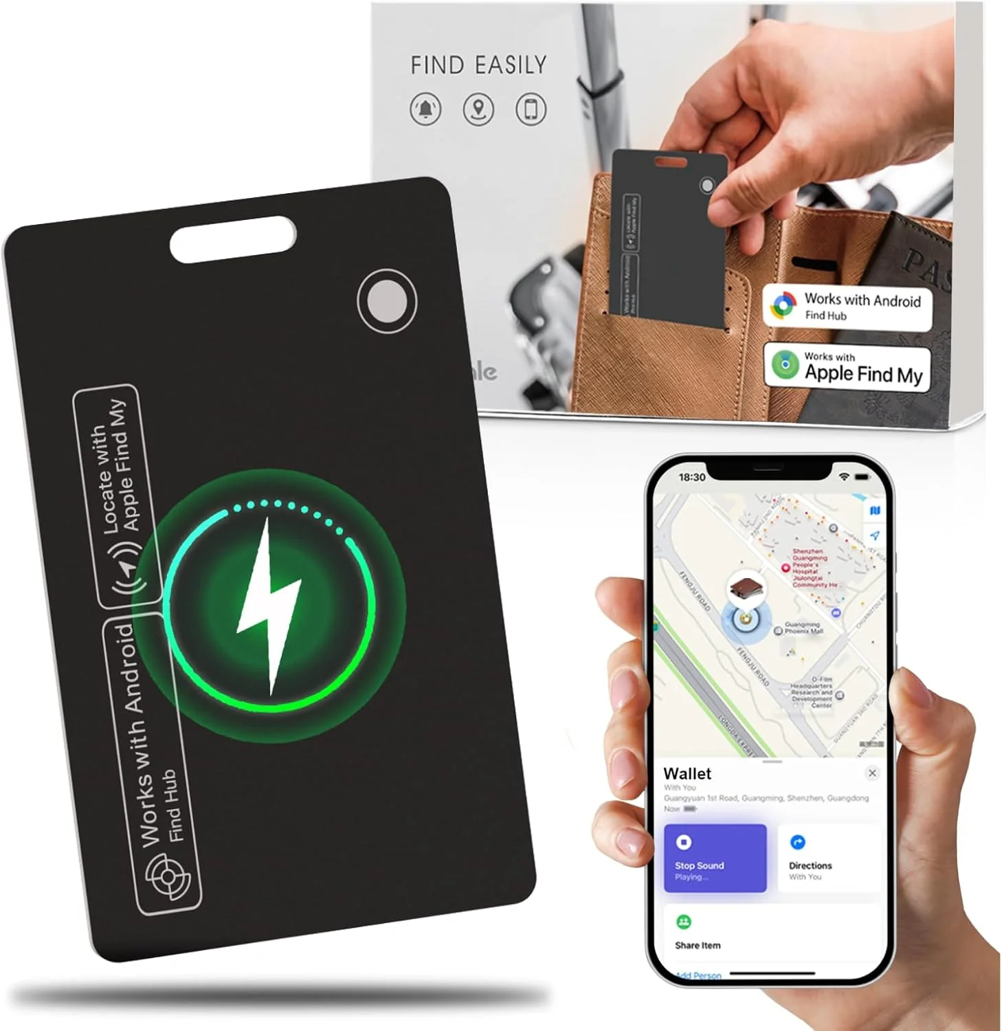 

Водонепроницаемый GPS-трекер для кошелька с беспроводной зарядкой и функцией отслеживания местоположения - совместим с приложением Google Find My