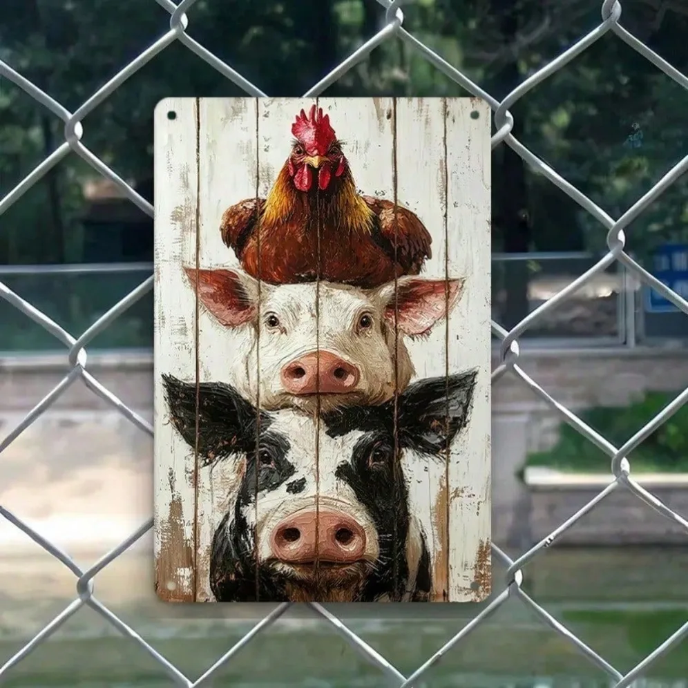 

Vintage Chicken and Cows Round Metal Sign 8x12 Inch Rustic Farmhouse Wall Art for Kitchen Home Decor