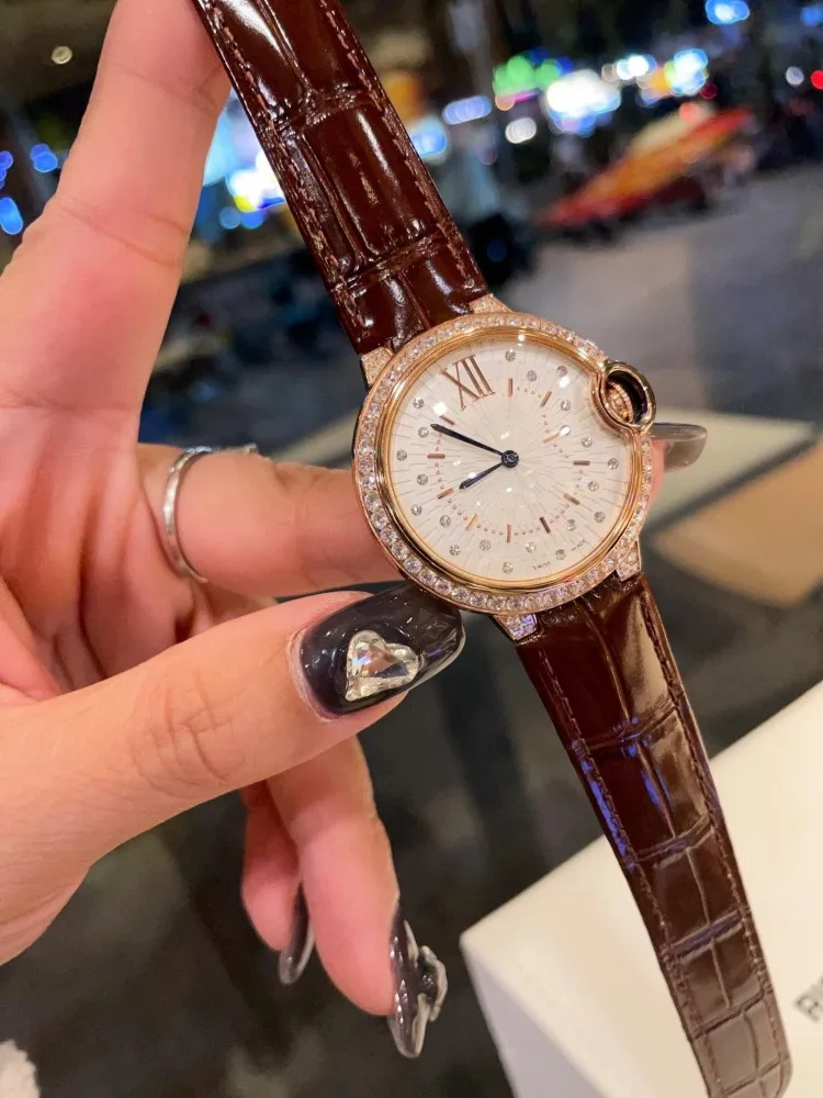 Vintage Office Ladies Work Shiny Diamonds Round Shape Wristwatch Genuine Leather Strap Pin Buckle Quartz Watch Jewelry Accessory