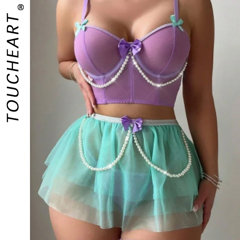 

Toucheart 3-Piece Bead Chain Bow Bra Underwear Set For Women Sexy Lace Skirt Thong Meshcontrast Color Exotic Sexy Underwear Set