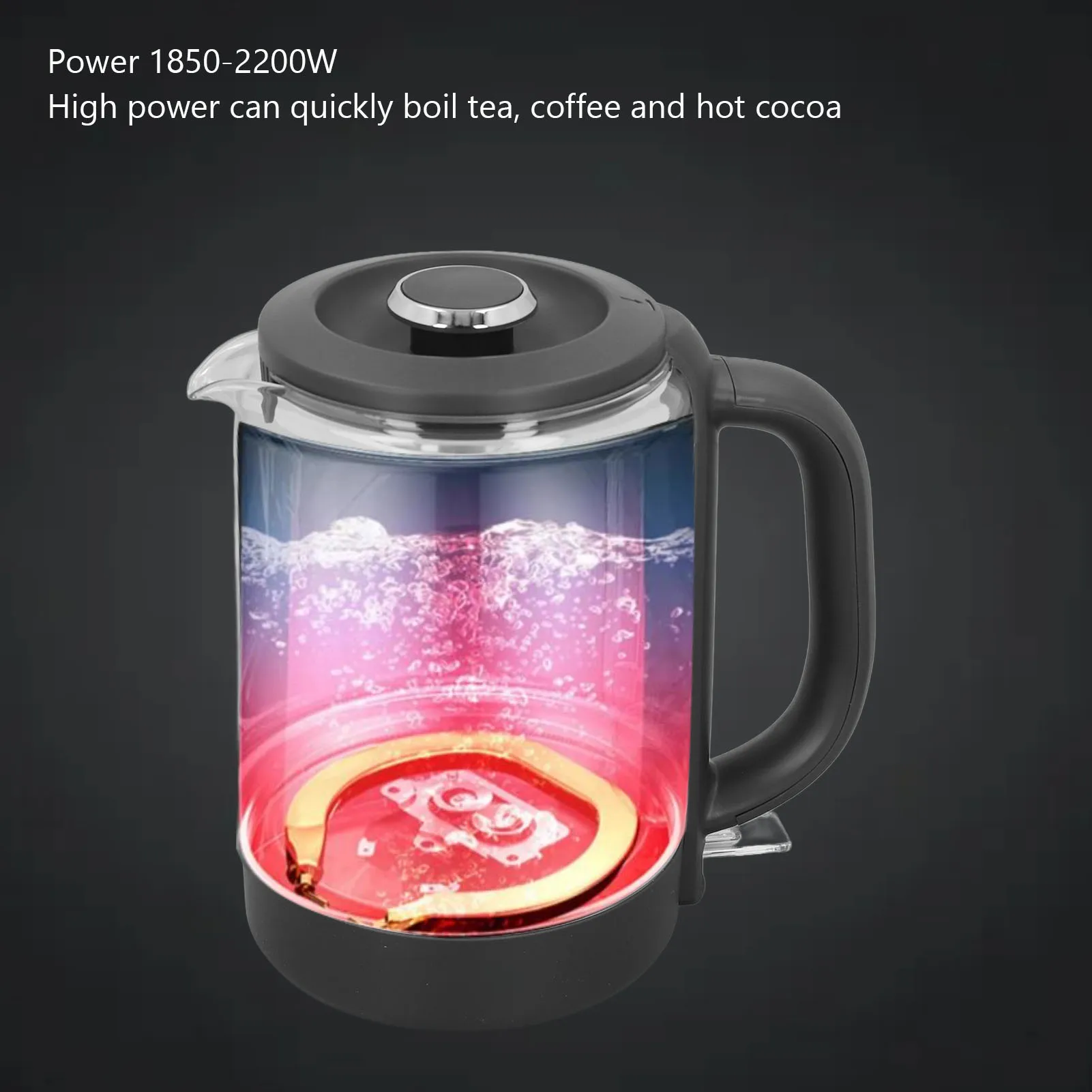 Chaleira elétrica de vidro para chá, 1,5l, água quente, bule, aquecedor, desligamento automático, anti-ebolim seco