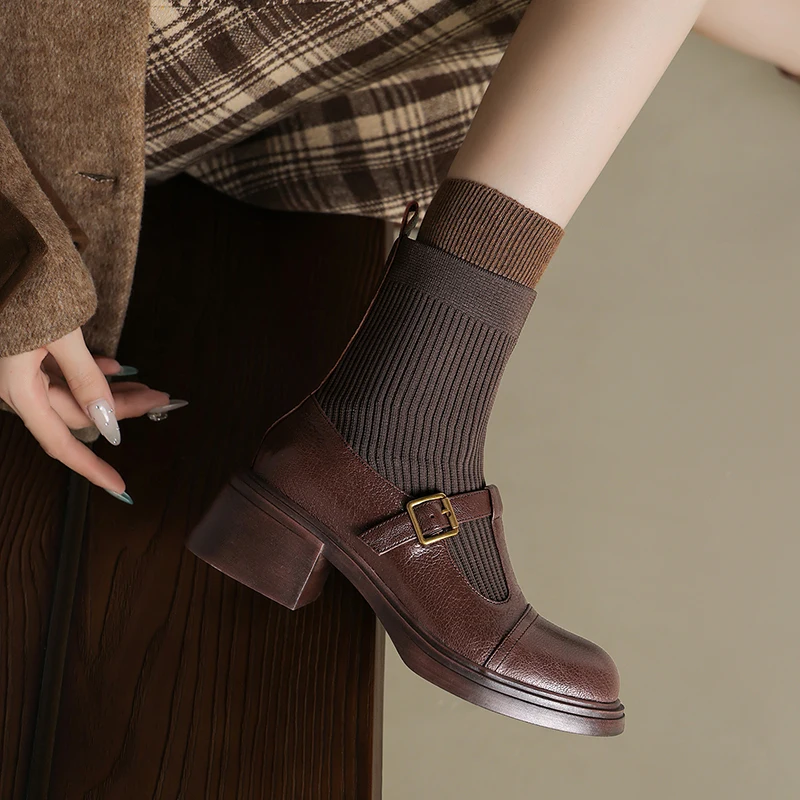 2026 autumn winter women ankle boots natural leather plus size 22-26cm cowhide+weaven round toe thick heel t-buckle socks boots