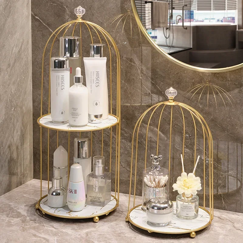 Bathroom Shelf Accessories Gift Metal Bird Cage Cosmetic Storage Organizer Lipstick Perfume Skin Care Products Finishing Rack