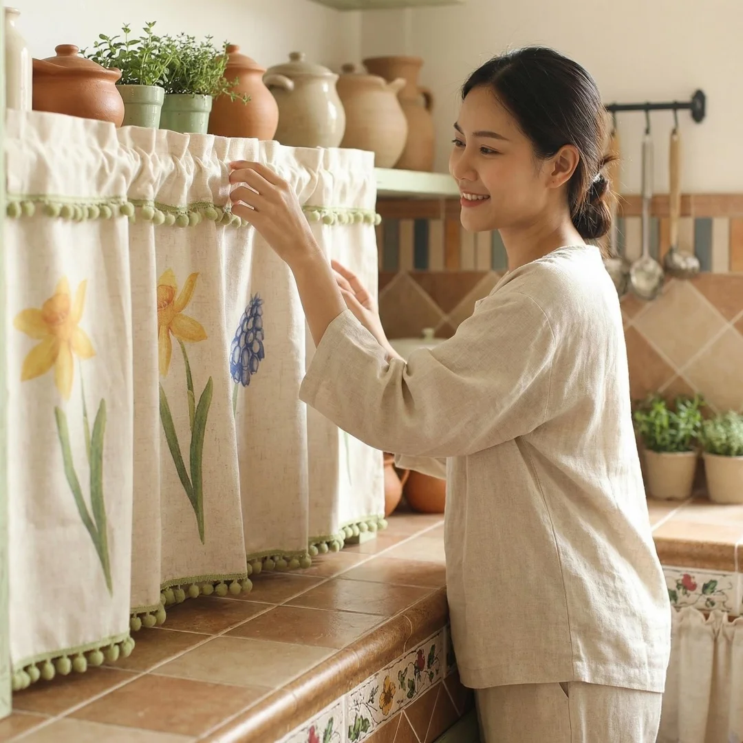 Nordic short curtain half curtain door curtain short curtain kitchen cupboard door Narcissus sink plant flower small curtain