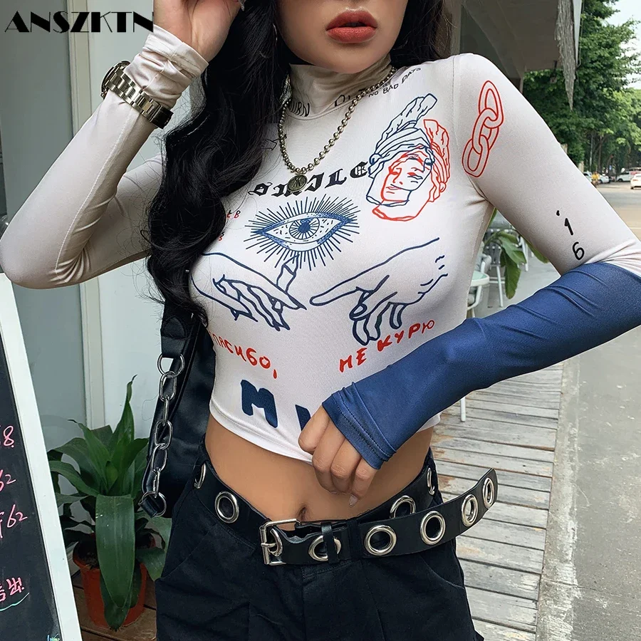 ANSZKTN fashion  new t-shirt women long sleeve turtleneck crop top letters print slim shirt streetwear sexy skinny tee shirt