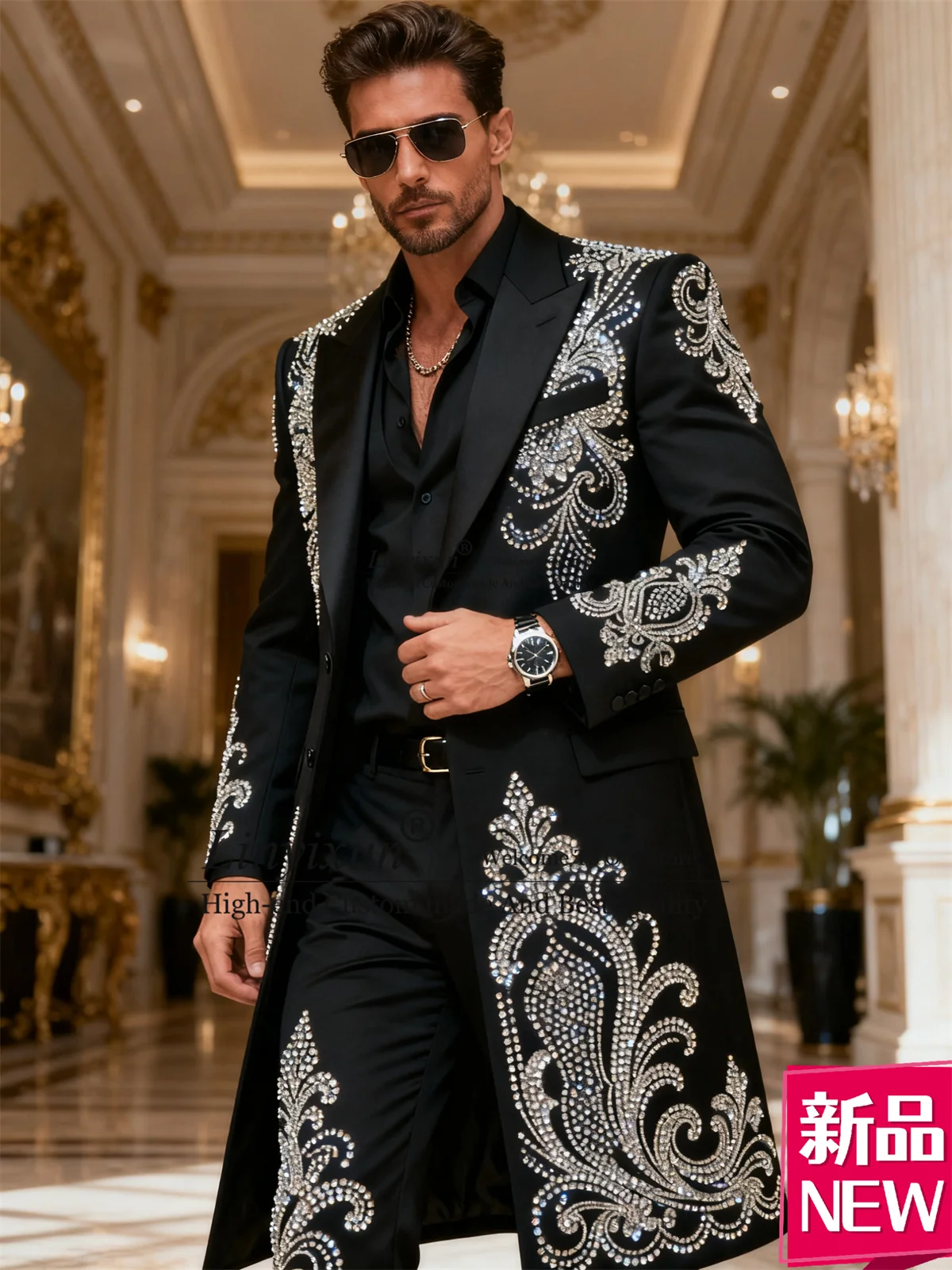 

Autumn Long Coats Pants Men Suits 2 Pieces Sets Groom Male Blazers Customized Sparkly Rhinestone Diamond Tuxedos Ropa homre