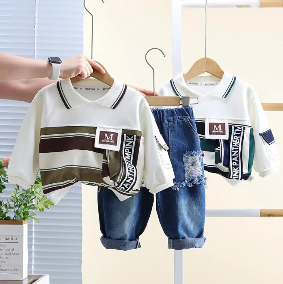 2024 Autumn Baby Outfits For Kids 6 To 12 Months Striped Pocket Pullover Long Sleeve T-shirts+Pants Children Boys Clothing Suit