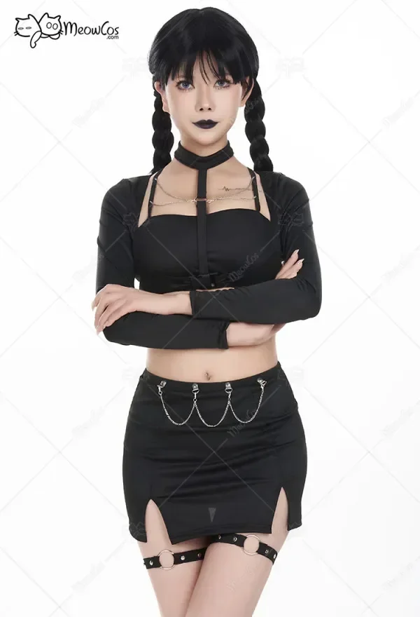 Meowcos Costume da bagno a due pezzi nero con ritaglio gotico da donna con cinturino per le gambe