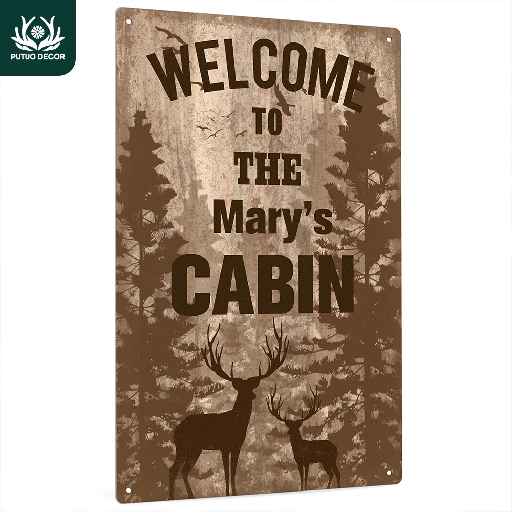 

Putuo Decor 1pc Custom Metal Tin Sign, Welcome to the Your Text Cabin, Wall Art Decoration for Home Farmhouse Cabin Chalet