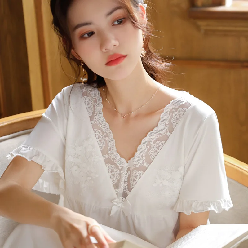 Sexy Lace V Neck Night Dress Women Cotton Sleepwear Short Sleeve Long Robe Loungewear Princess Nightwear White Vintage Nightgown