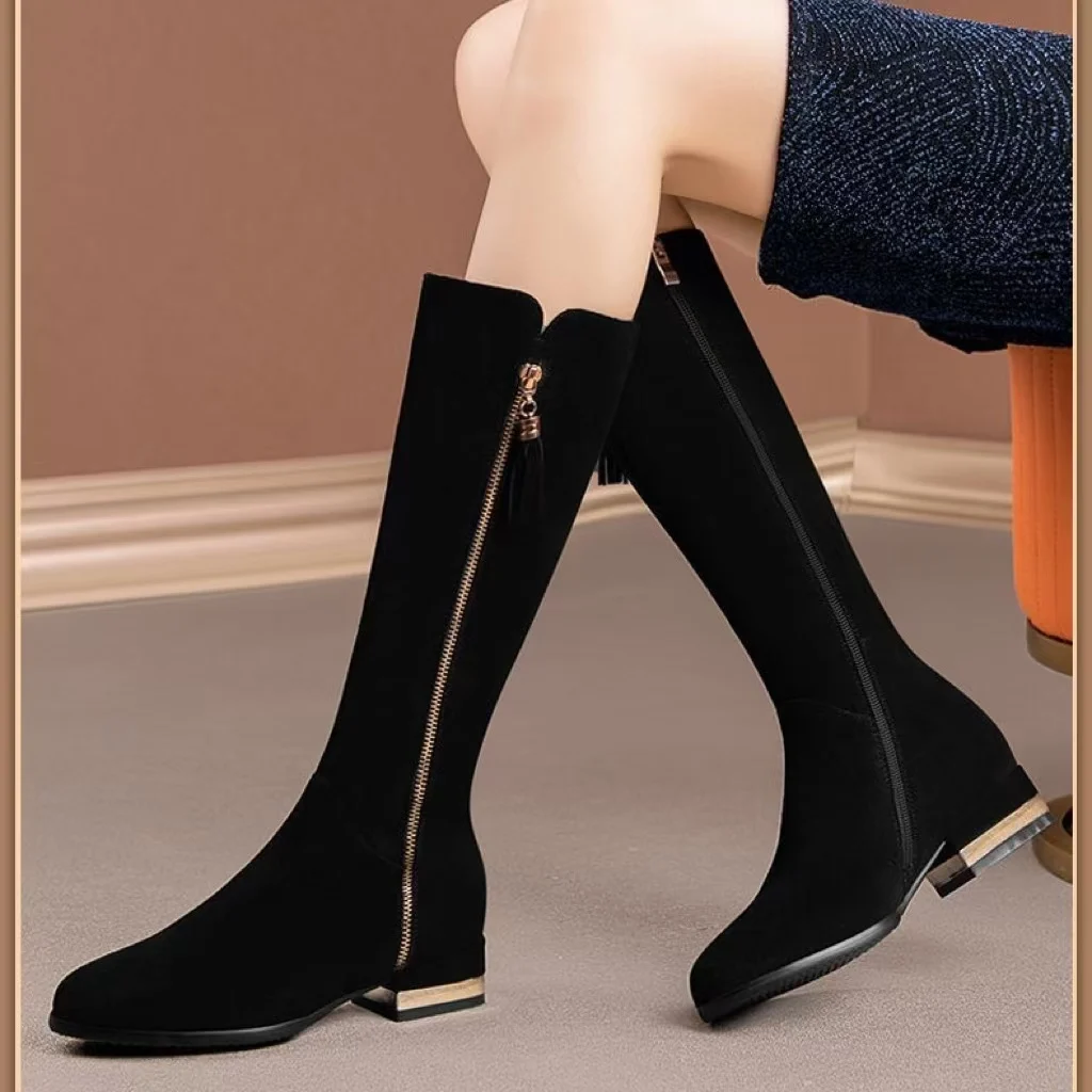 Long pretty boots black thick round head but knee sexy women's shoes plus cashmere winter hot new mid-heel female boot Beianji