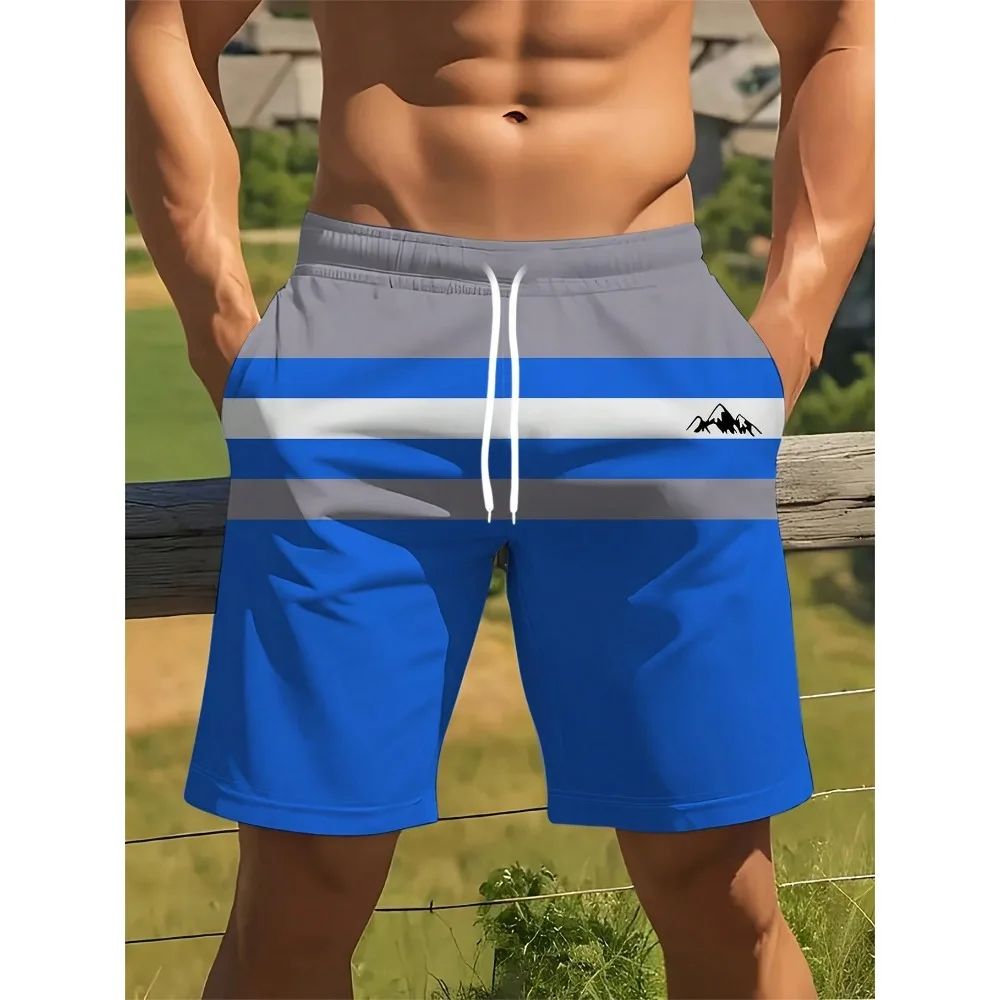 

Blue White Striped Casual Style Men'S Summer Shorts Quick Dry Breathable Micro-Elastic Sports Casual Pants Geometric Pattern Knit Craft Lightweight Blue Gray Contrast Mountain Peak Pattern PrintMen'S, Boys', Men'S Plus Size, Full Size Beach Pants