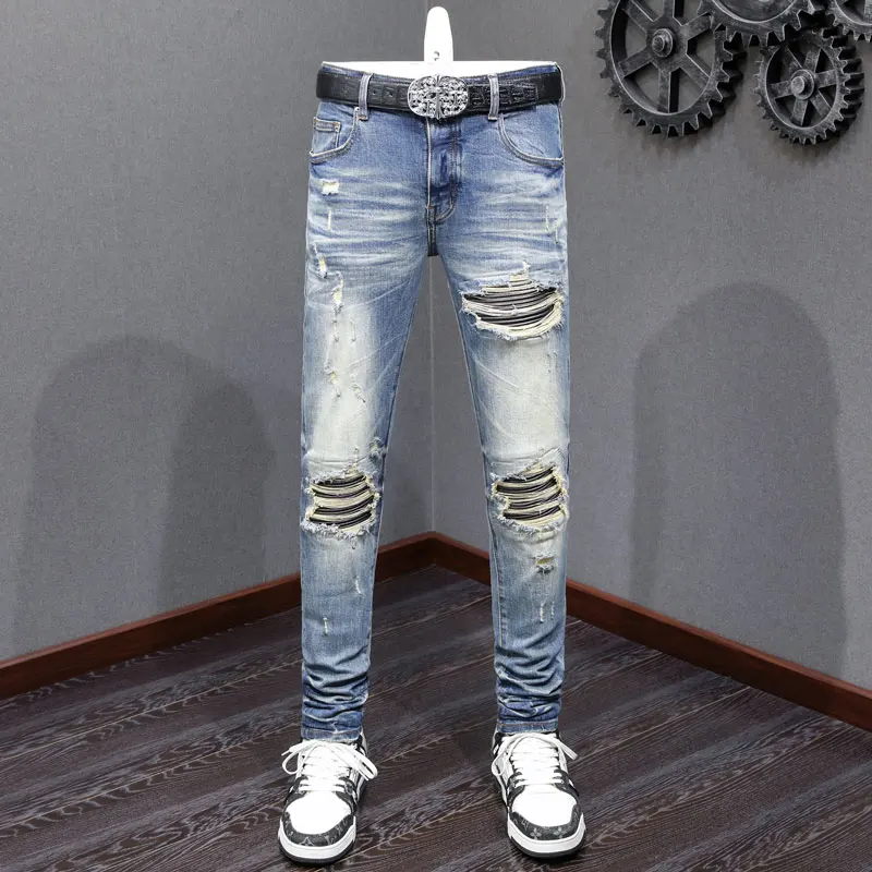 

Streetwear Fashion Men Jeans Retro Washed Blue Stretch Skinny Fit Ripped Jeans Men Leather Patched Designer Hip Hop Brand Pants