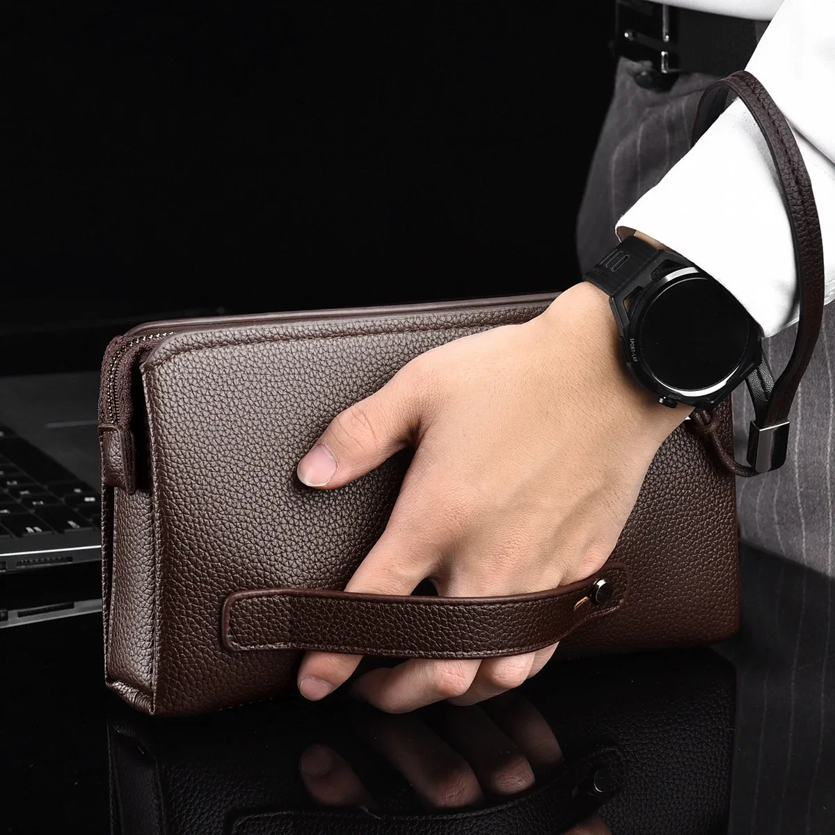 New Men\'s clutch purse High end PU Leather Long Wallet Large Capacity Multi Card Slot Wrist Bag Password Anti theft Phone Bag