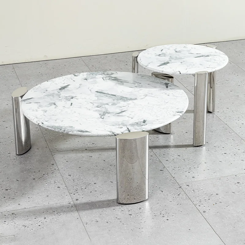 طاولة قهوة رخامية فاخرة وخفيفة الوزن، مجموعة مستديرة لغرفة المعيشة المنزلية، شقة صغيرة، طاولة حديثة بحافة من الفولاذ المقاوم للصدأ #6