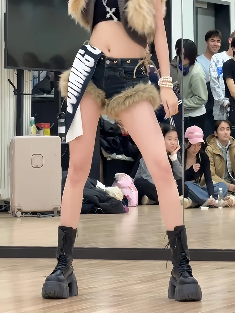 

Low Waist Slim Fit American Hot Girl Y2K Millennium Sle Denim orts Women's Retro Design Patchwork Furry Hot Pants