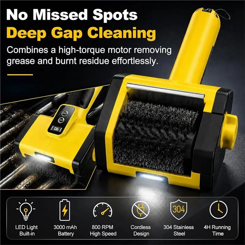 ABMH-Motorized Grill Cleaner With LED Light, 3000Mah Electric BBQ Grill Brush 1 Pair Gloves For Garden Camping Outdoor
