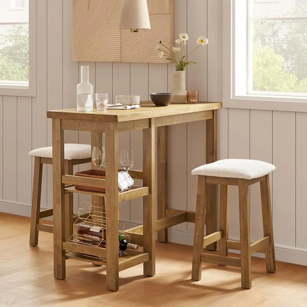 

Kelly Solid Wood Counter Table Set with 2 Boucle Stools, 3Piece Small Dining Kitchen Island Table Set for 2, with Storage Shelv