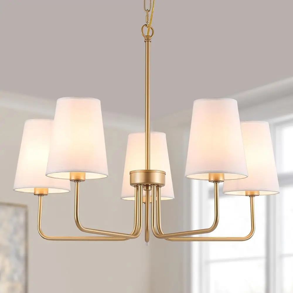 

5-Light Comfort Gold Linear Island Light Fixture with White Fabric Shade for Kitchen and Dining Room