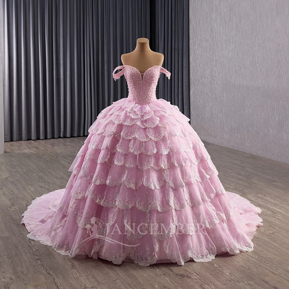 

Quinceanera Dresses Off Shoulder Beaded Customized Corset Organza Sweet 16 Dress Tiered Ball Gown Vestidos 15 Anos Shiny Princes