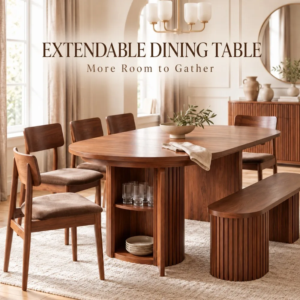 Nordic Solid Wood Extendable Dining Set, Multifunctional Folding Table with Storage Bench, Hidden Design for Small Apartment