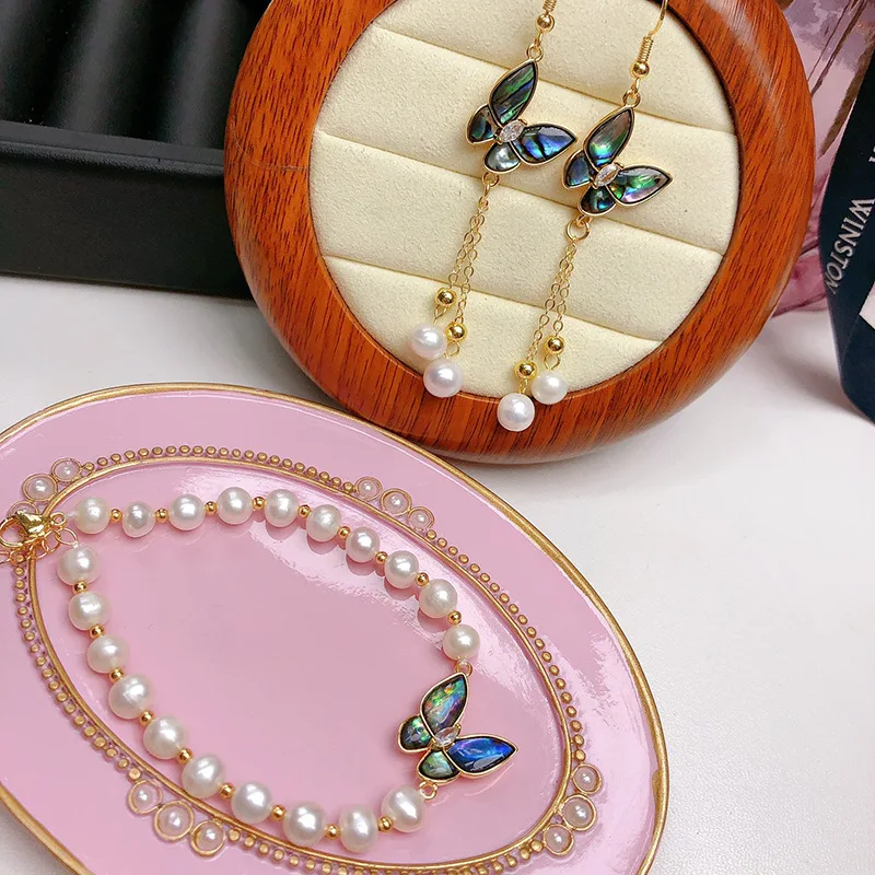 

fashion natural freshwater pearl bracelet ear hook set exquisite abalone shell inlaid butterfly jewelry.