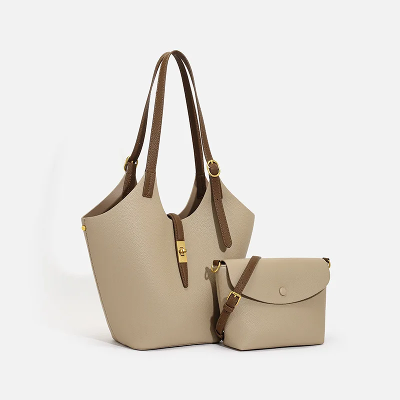 

Genuine Cowhide Leather Women Handbags 2 in 1 Ladies Tote Bags Female Shoulder Bags