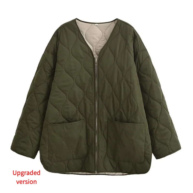 

Warm Padded Jacket For Women Quilted Coat Autumn Female Loose V-neck With Pockets Cotton Outerwear Lady Front Zipper Jackets